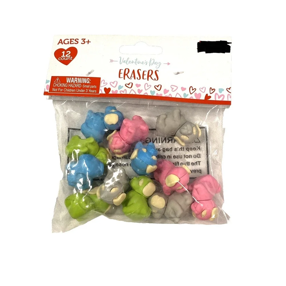 12‎ count valentines day kids school erasers DOGS pink blue green gray